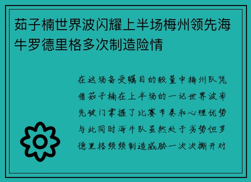 茹子楠世界波闪耀上半场梅州领先海牛罗德里格多次制造险情 茹子楠世界波闪耀上半场梅州领先海牛罗德里格多次制造险情